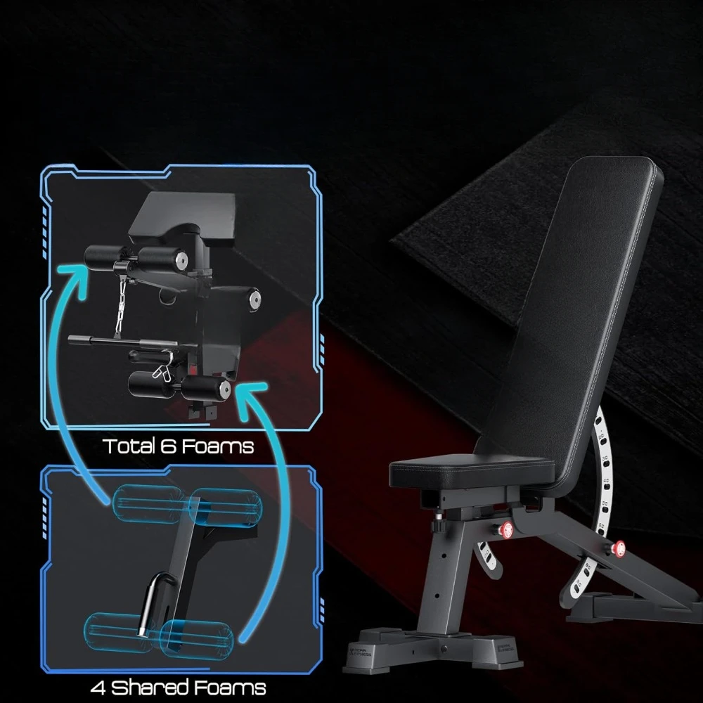 Duty Workout Bench Press with Leg Extension and Preacher Pad for Home Gym Fitness, Flat Incline Decline Sit Up Bench