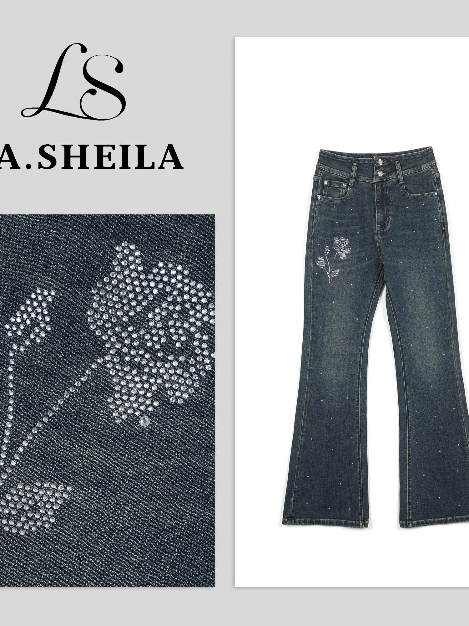 

High Waist Bell Bot Denim Jeans Rose Pattern Luxury Sle Cotton Fabric Button Closure Women's Autumn Winter Faion