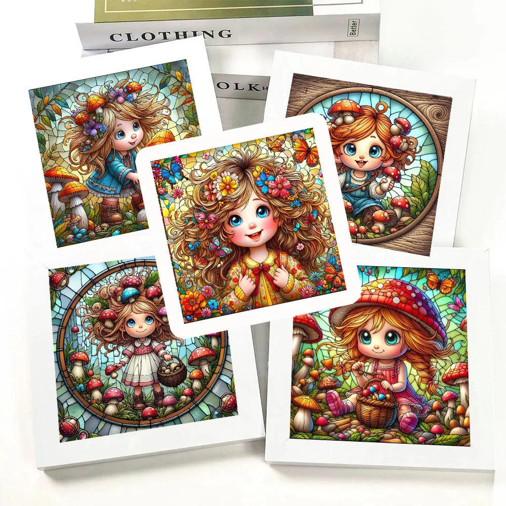 5D Diamond Cute Cartoon Girl And Mushroom Painting Stained In Glass DIY Mosaic Kits Full Drills Embroidery Cross Stitch Decor