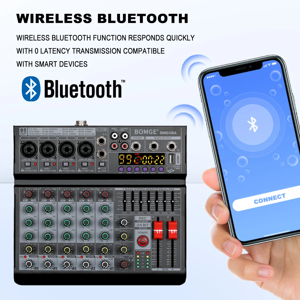 BOMGE 06A 6 قناة خلط وحدة التحكم 99 DSP 7 الفرقة EQ الصوت جهاز مزج الصوت مع USB PC سجل بلوتوث AUX 48 فولت مراقبة فانتوم #6