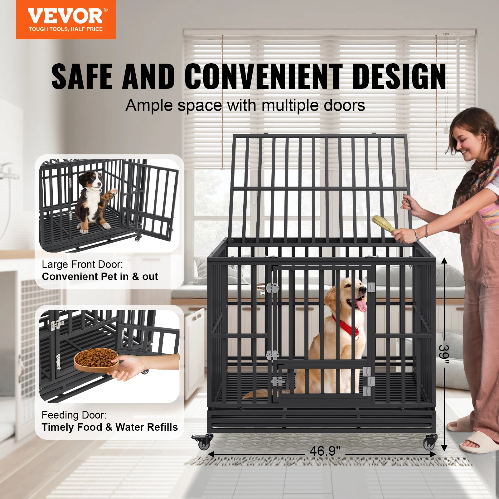 VEVOR 47 Inch Heavy Duty Dog Crate Indestructible Dog Crate 3-Door Heavy Duty Dog Kennel for Medium to Large Dogs with Wheels