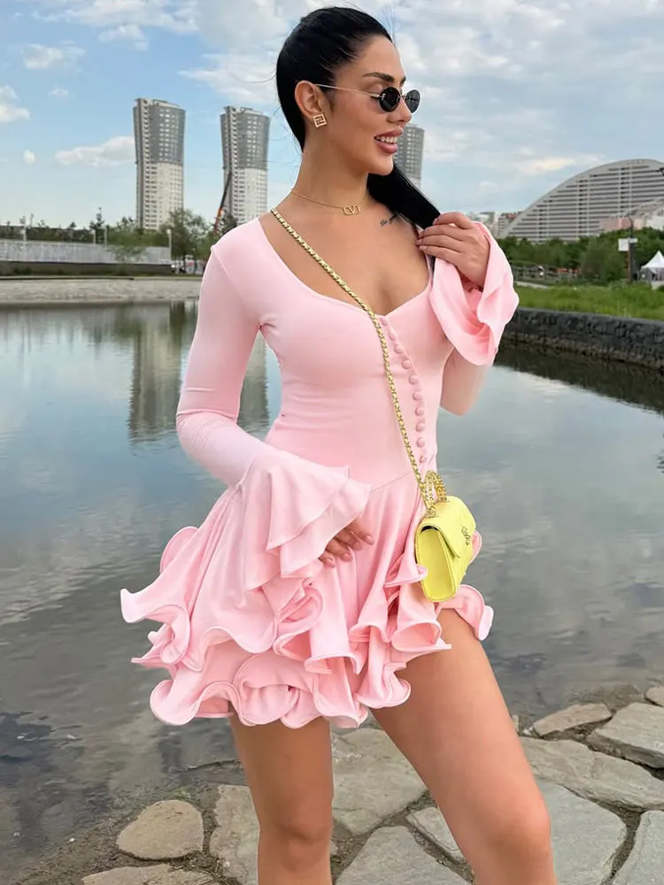 

Tossy Fashion Ruffled V-Neck Mini Dress Women High Waist Patchwork Sexy Long Sleeve Commute Dress Female Summer Bodycon Dress