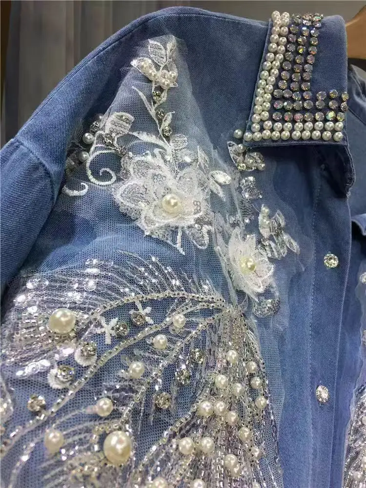 New In 2024 Autumn Sequined Diamonds Flowers Stitch Denim Shirts Woman Mid-length Single Breasted Blouses Ladies Top Blusas