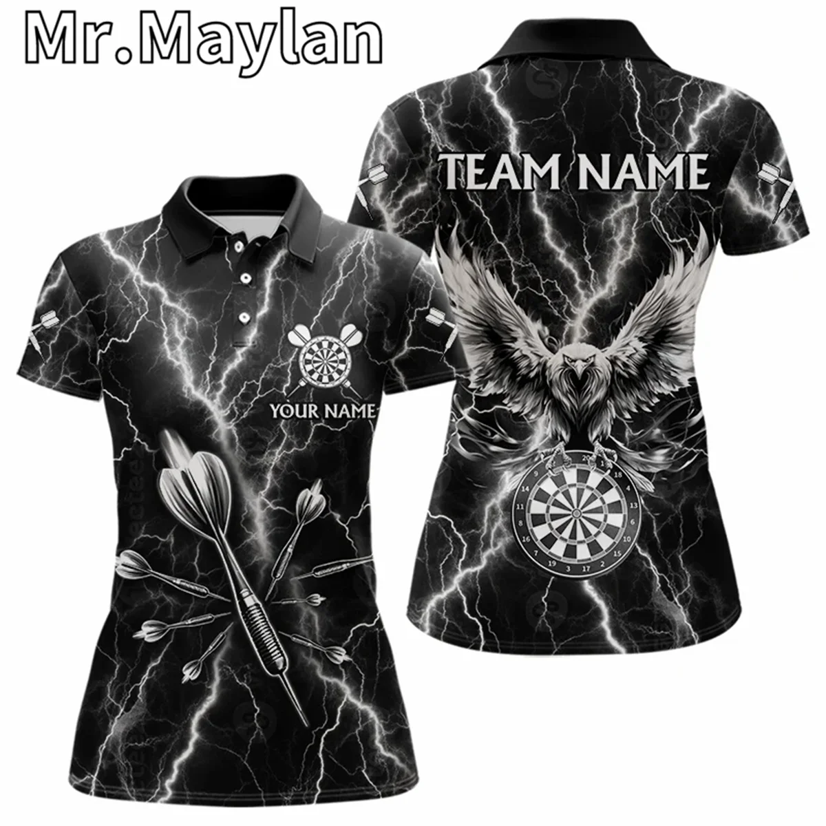 

3D Personalized Darts Polo Shirt Black/White Arrow Thunder Lightning Design for Women Eagle Dart Jersey Gift for Darts Players