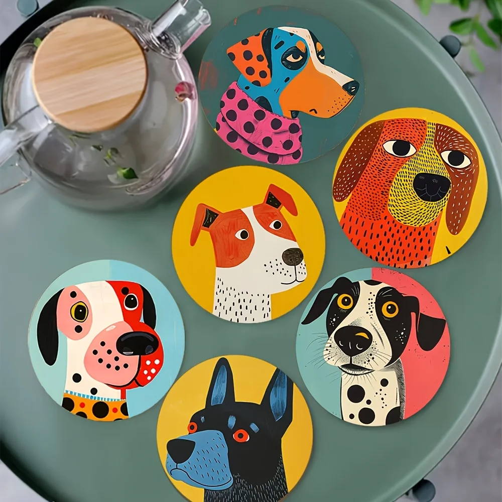 【セール中】6ピースの遊び心のある犬の木製コースター - ビールとコーヒー用のカラフルな滑り止めドリンクパッド、バーやペットに優しい家に最適