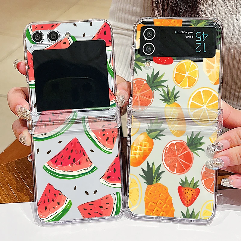 Colorful Fruit Patterns Folding Phone Case For Samsung Galaxy Z Flip7 FE Flip5 Flip6 Clear PC Cover For Samsung Z Flip 7 6 5 4 3
