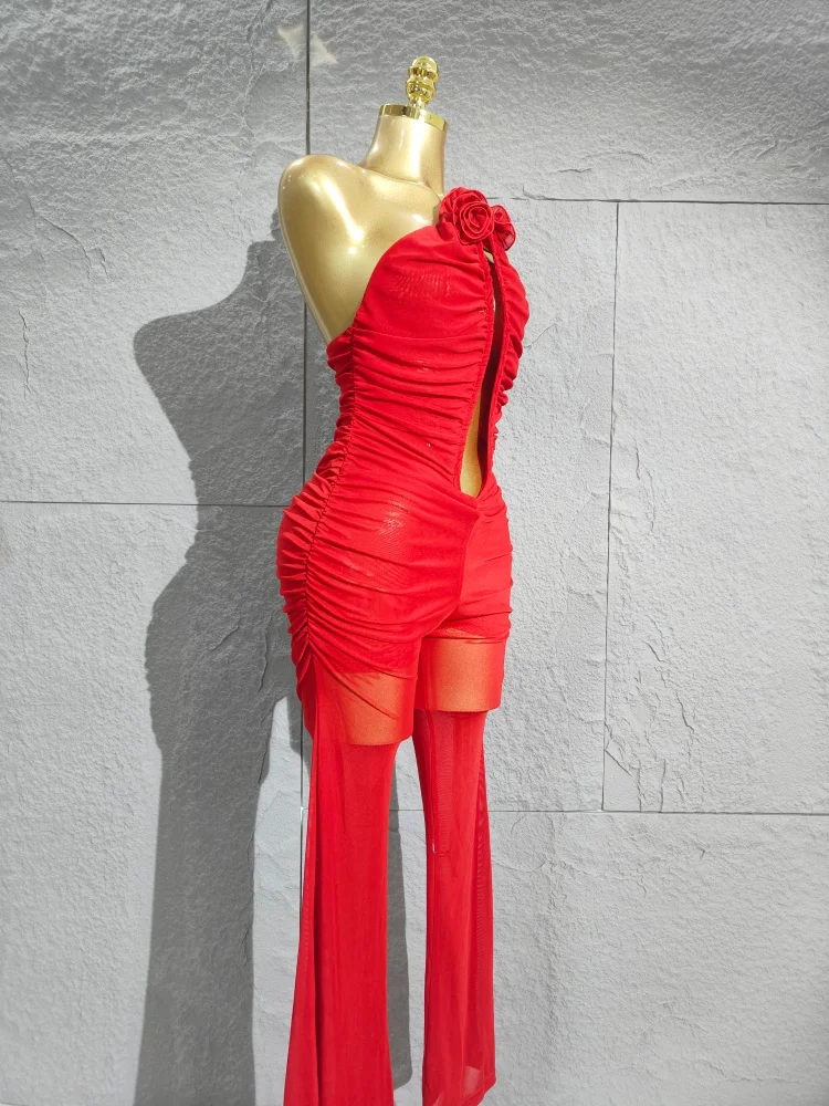 섹시한 레드 메쉬 러치드 스트랩리스 백리스 바디콘 점프수트 여성 셀럽 우아한 디자이너 하이 스트리트 팬시 클럽 롬퍼