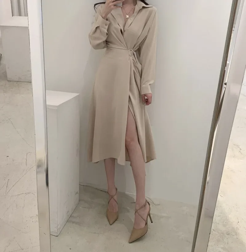 

Korean Style Black Shirt Dress Women Sexy One Piece Spilt Long Sleeve Tunic Midi Dresses Y2k Autumn Bandage Office Dress Платье