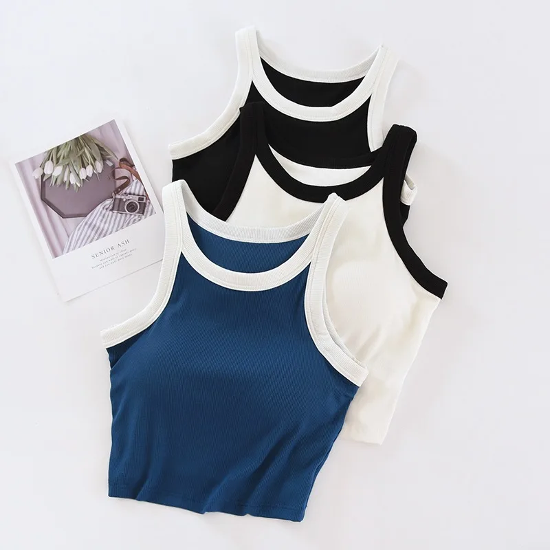 Damen Tank & Tops Kontrast farbe mit gepolsterten kabellosen Büste Komfort Basis schichten Leibchen stilvolle weibliche Camis Outwear