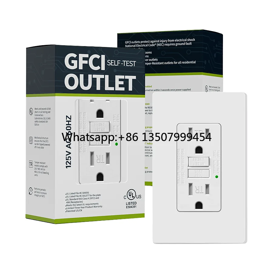 GWIEC Self-Test GFCI Outlet for UL US 125V 15A Weather Resistant Copper Duplex Socket Receptacle with 2 AC Outdoor Wall Outlets