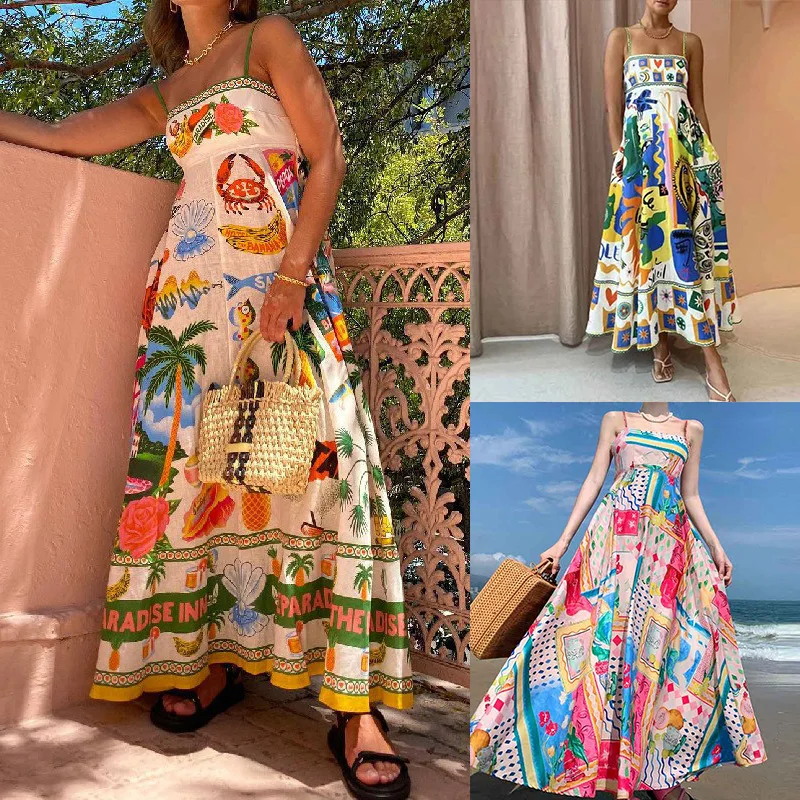 

Women's 2024 Summer New Sexy Swing Dress Graffiti Print Sleeveless Slip Dress Boho Dress