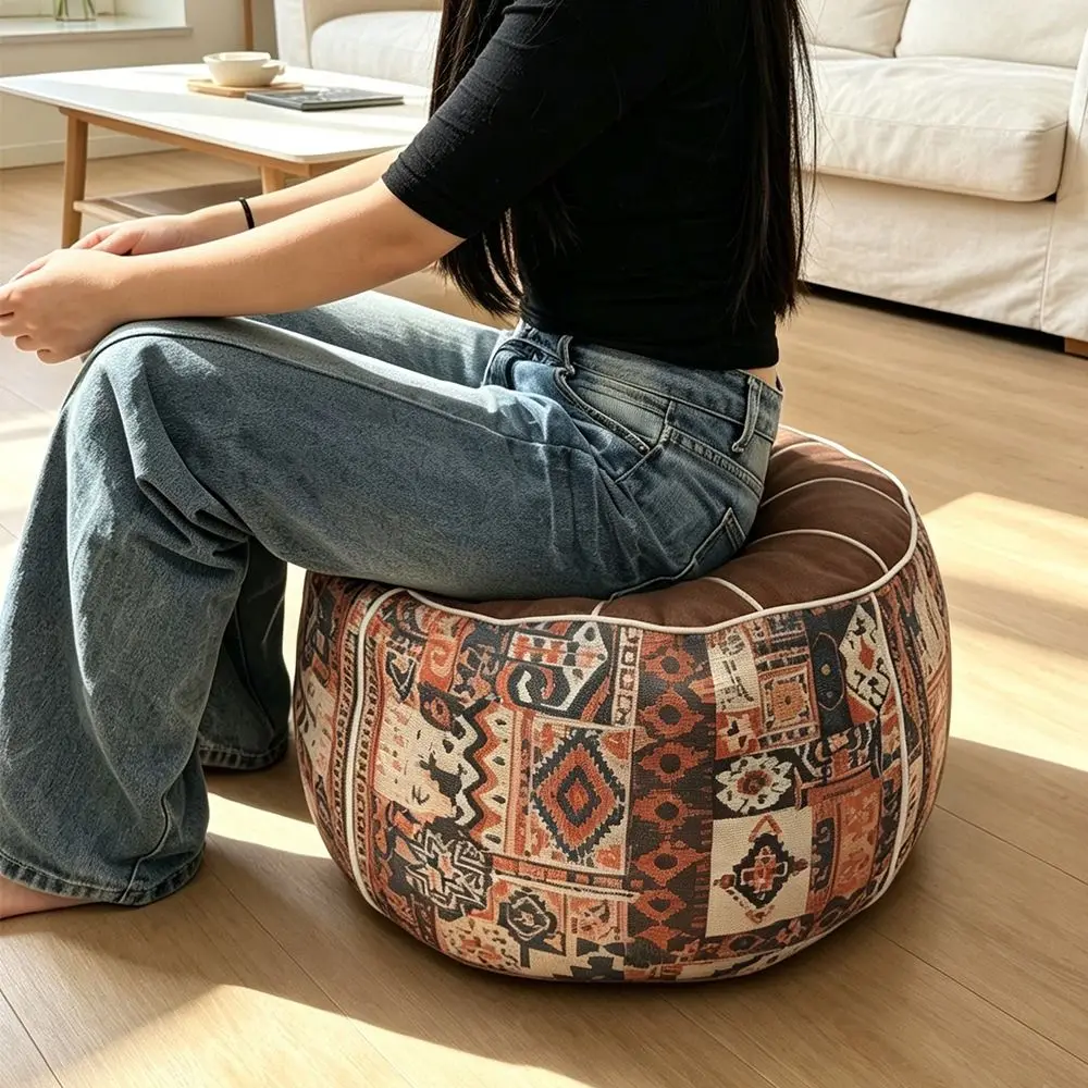Boho Pattern Ottoman Pouf PU Leather Large Opening Storage Ottoman Fillable Design Water Resistant Footstool Cover