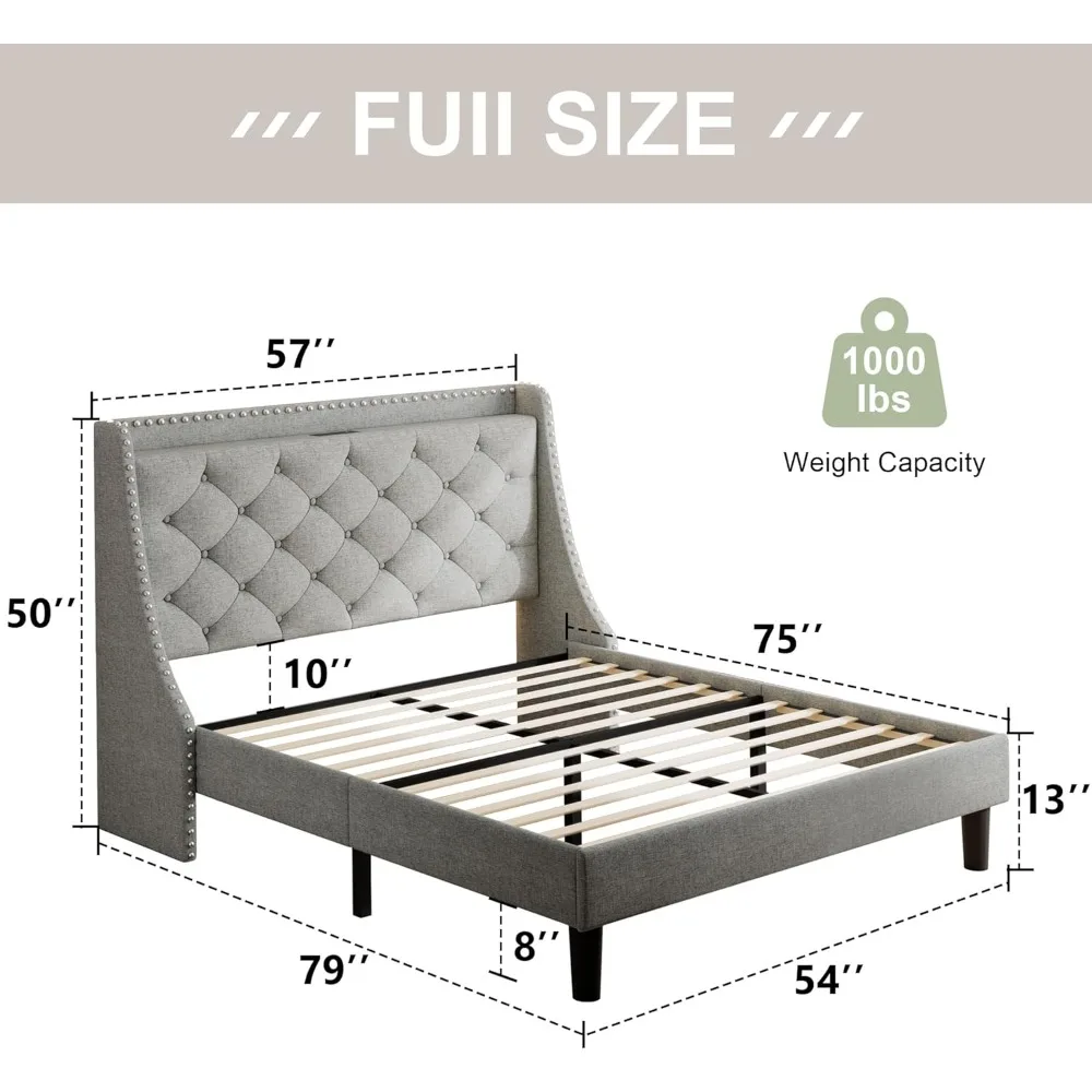 Luxury Wingback Full Size Bed Frame with Upholstered Button Tufted Storage Headboard and Fast Charging Station