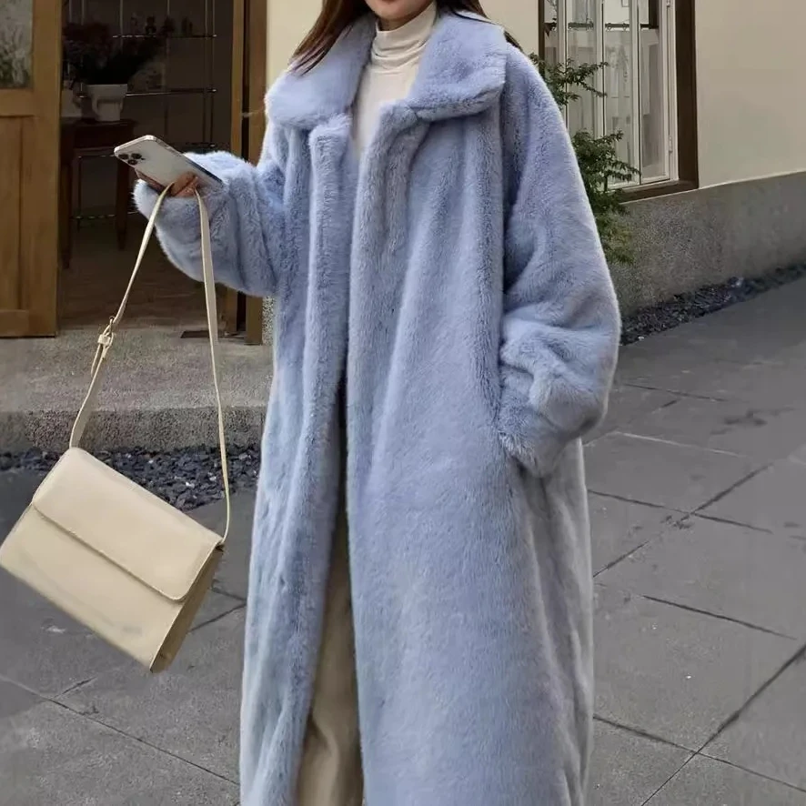 

Y2k Длинные пальто из искусственного меха Женские куртки Пальто с отложным воротником и длинным рукавом с открытой строчкой Толстые свободные элегантные осень-зима 2025