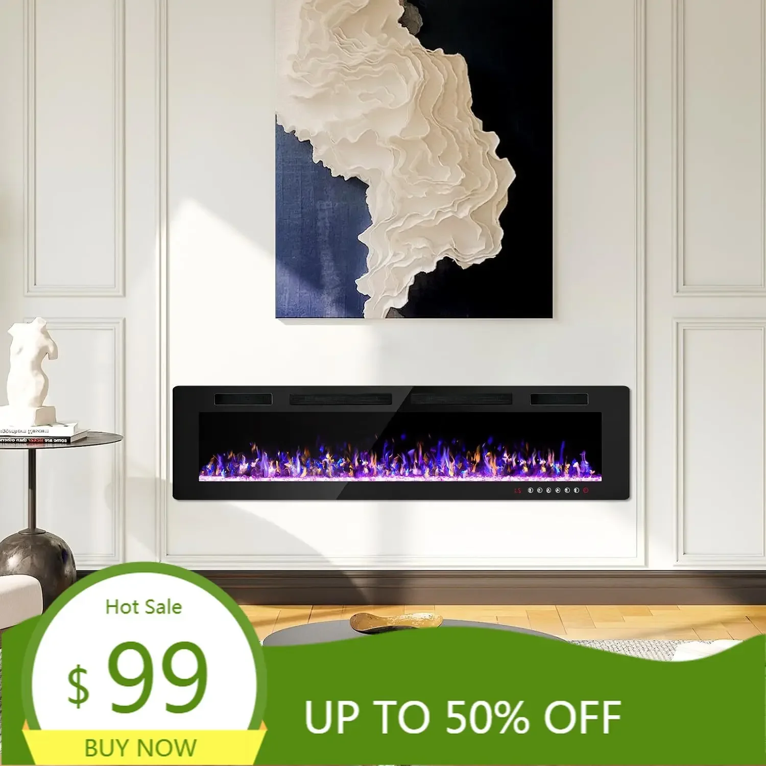 

72-дюймовый ультратонкий электрический камин, встраиваемый в стену и настенный камин, линейный камин с разноцветным пламенем