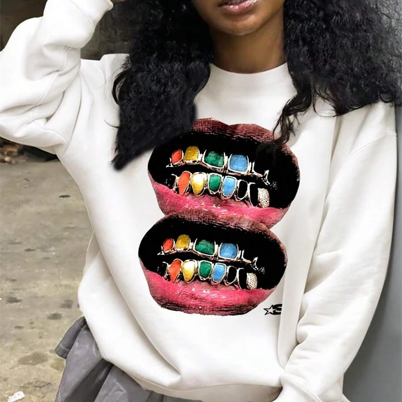 Funny Sweatshirt For Women And Men Crewneck Pullover Coat Lips Teeth Print Graphic Hip Hop Street Personality Spring Solid Top