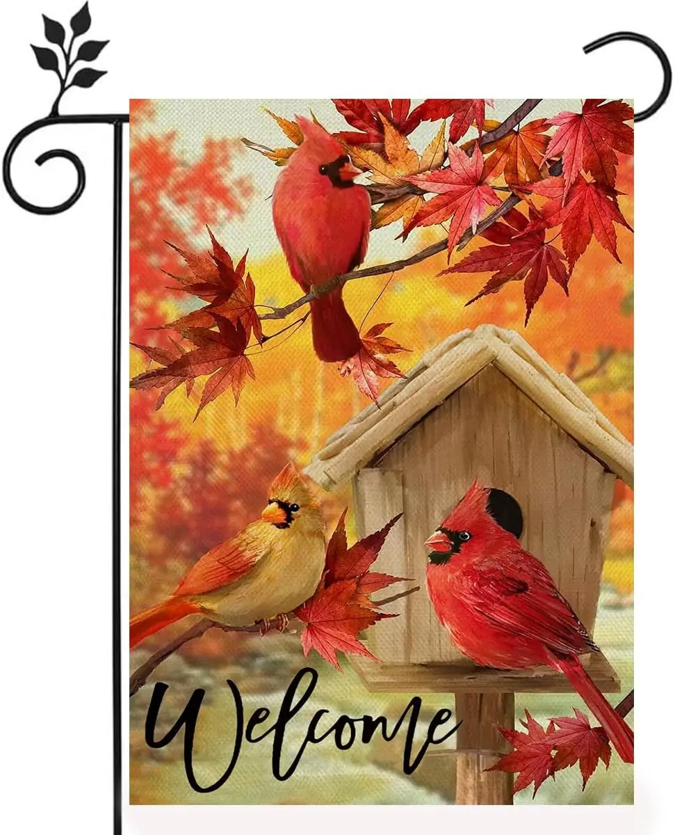 Welcome Garden Flag 12x18 inch Double-sided Burlap Red Maple Bird Outdoor Yard Autumn Garden Flag Decoration -A