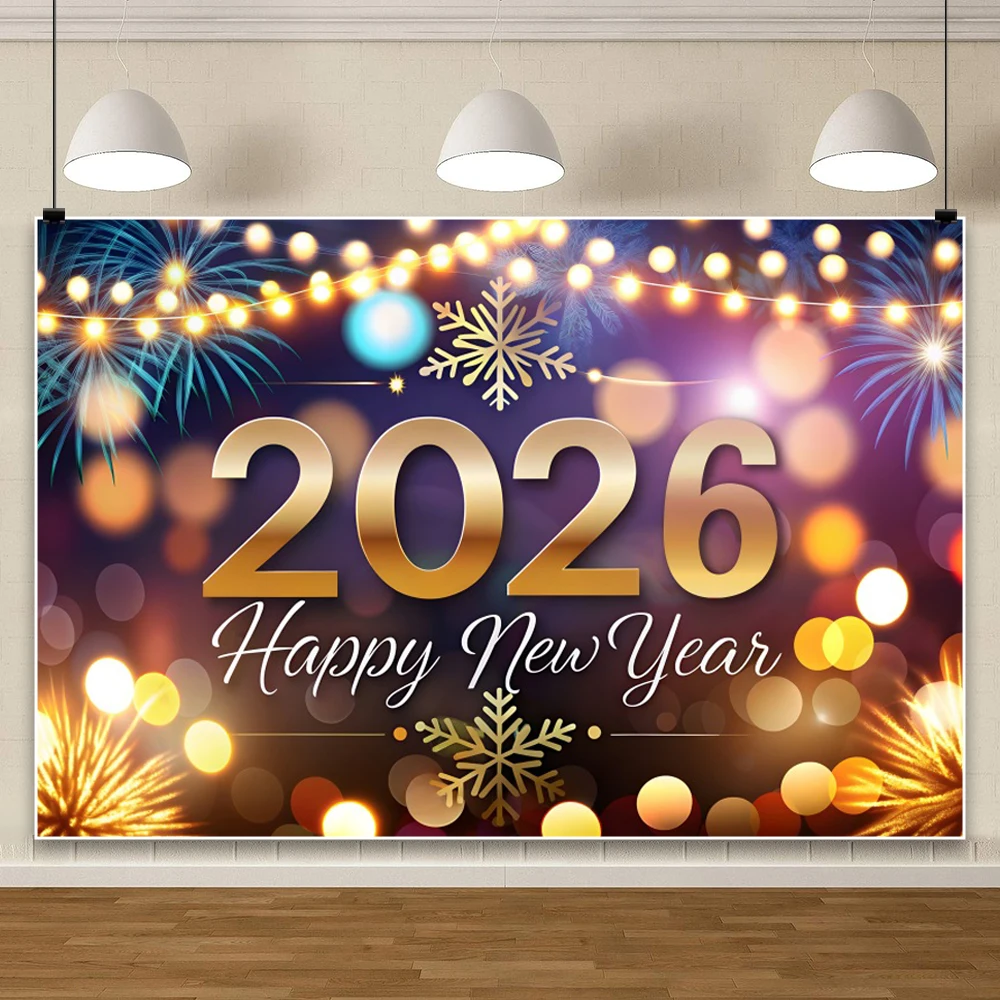 2026 New Year Party Celebration Shooting Backdrop Golden Balloons Champagne Glitter Lights Cheers Family Portrait Backgrounds