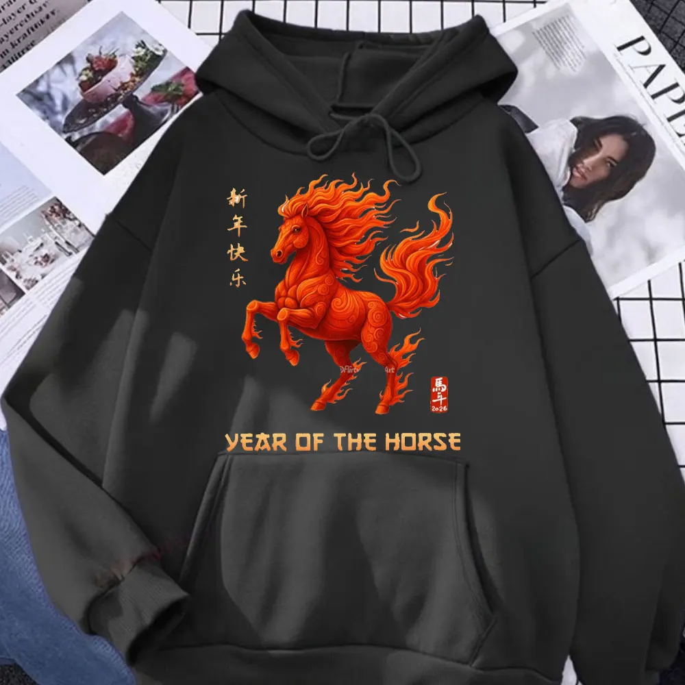 

Женская толстовка с капюшоном Fire Horse, китайский лунный Новый год 2026, искусство зодиака Y2K, уникальные креативные топы с круглым вырезом, футболки с короткими рукавами, одежда