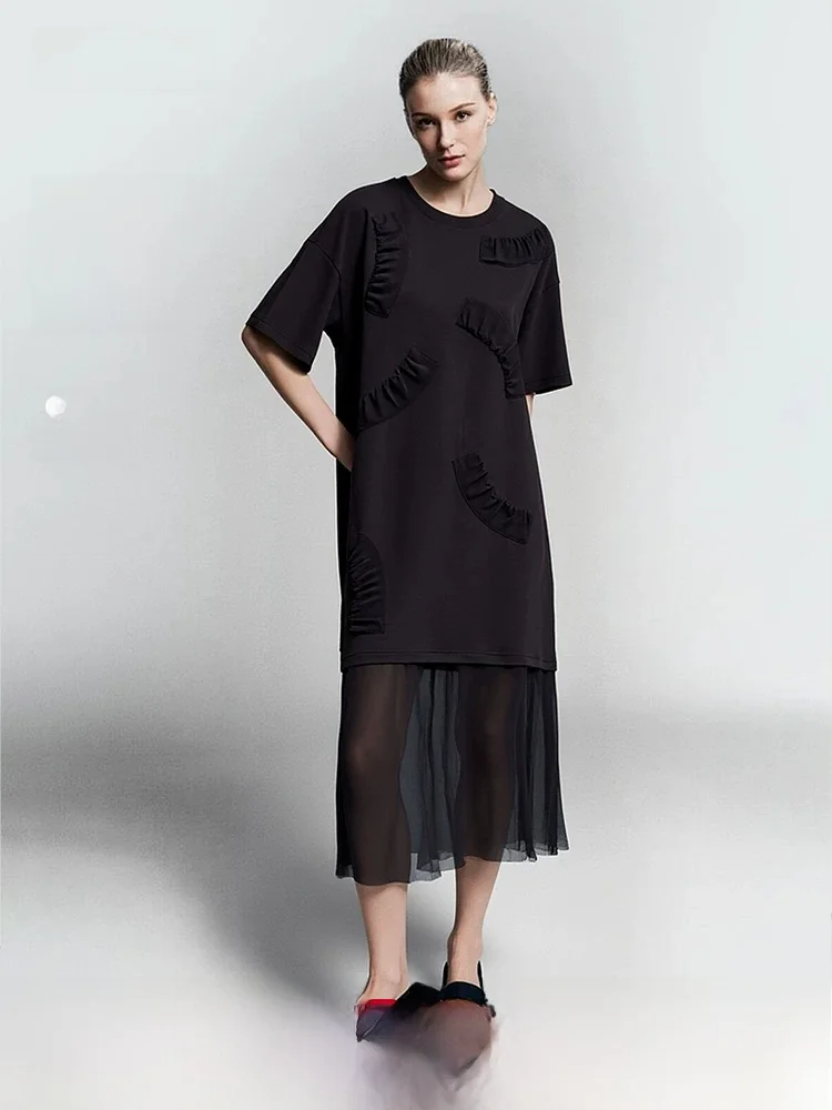 

Summer New round Neck Loose Sleeveless Splice Chiffon Air Layer Dress Women's Black Dress Casual A-Line Skirt Dress
