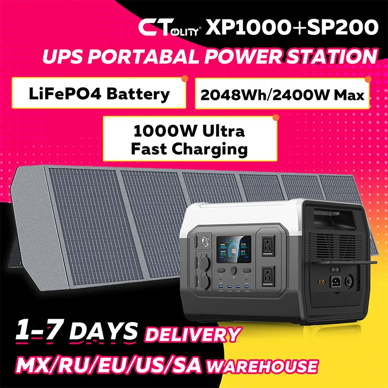 

CTOLITY XP1000 1024WH Portable Solar Generator 1600W 110V/1800W 220V Camping Power Station& 200W Solar Panel Outdoor Lifepo4