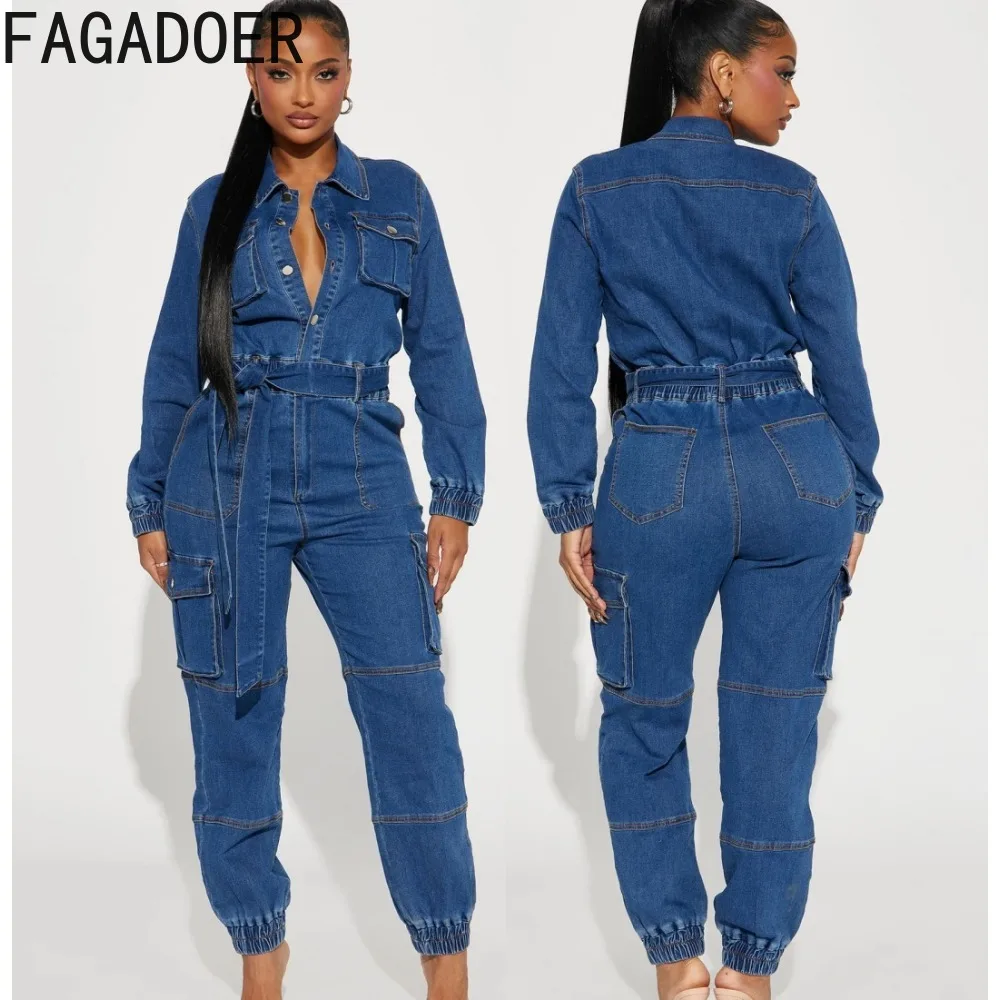 

FAGADOER Vintage Denim Pockets Cargo Pants Jumpsuits 2024 Spring New Single Breasted Sashes Casual Streetwear Cargo Overalls