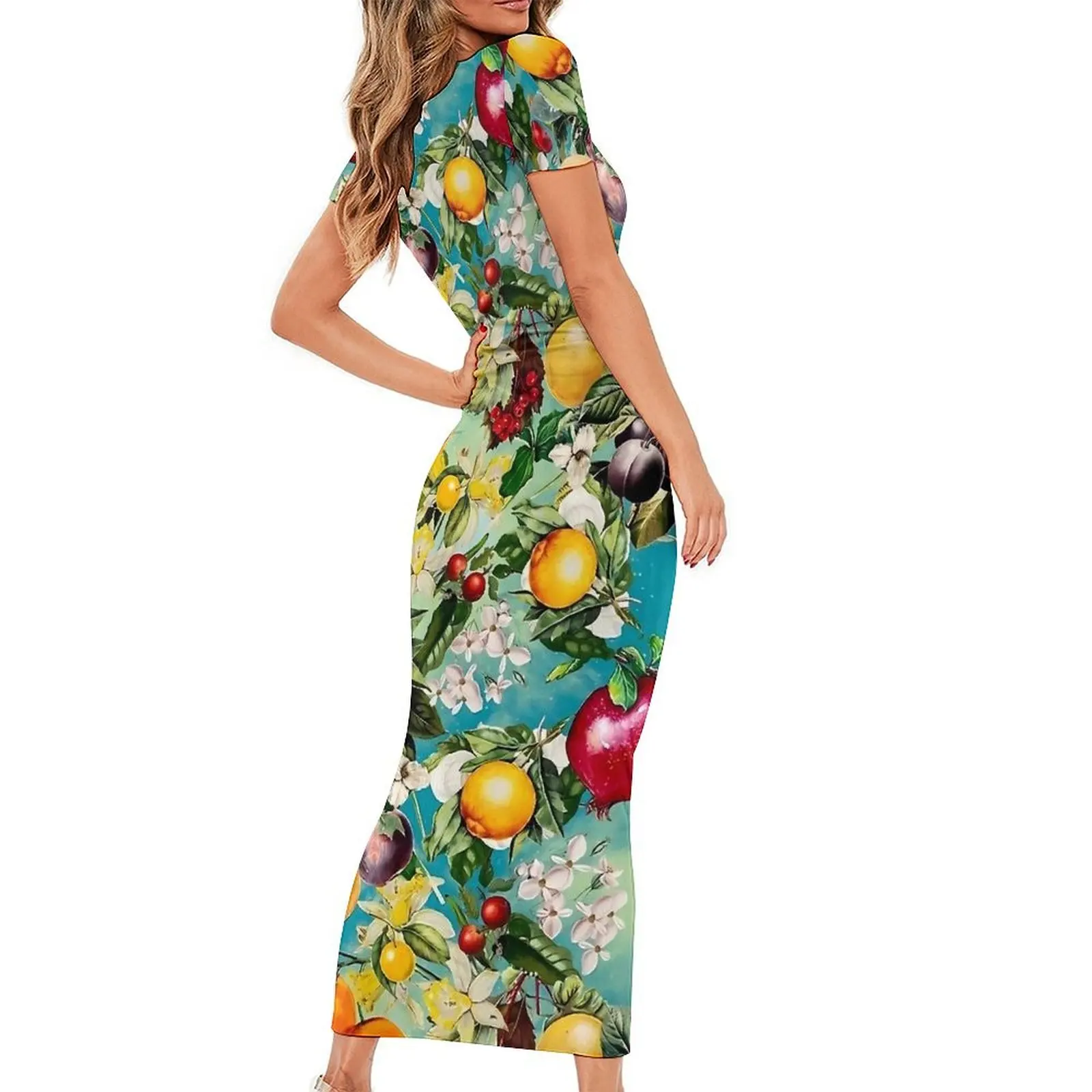 Moda florescendo frutas cítricas impressão bodycon vestido verão elegante maxi vestidos femininos manga curta vestido estético gráfico