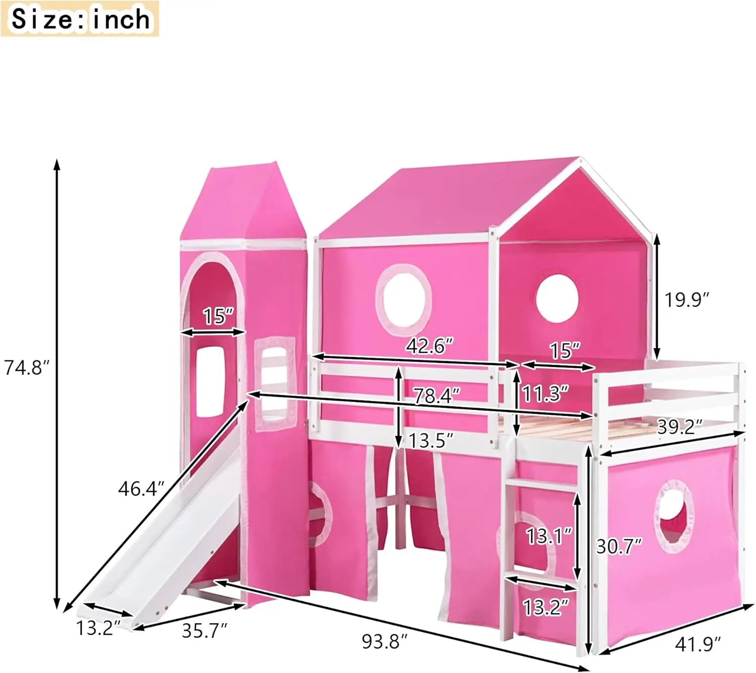 Merax Twin Over Twin House Bunk Bed, Kids Playhouse Bed, Solid Wood Bunk Bed Frame With Slide Pink Tent And Tower, For Girls