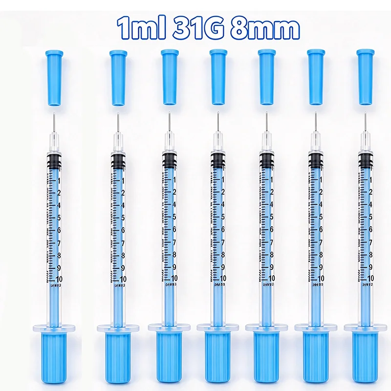 Lab Plunger 1ml Disposable Syringe 31G 8mm Blue Cap & Blue Plunger Liquid ...
