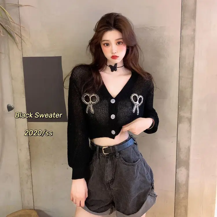 2024 New Fashionable Casual Versatile Short Style Embroidered Bow Thin Style Sunscreen Long Sleeve Knitted Sweater Cardigan Top