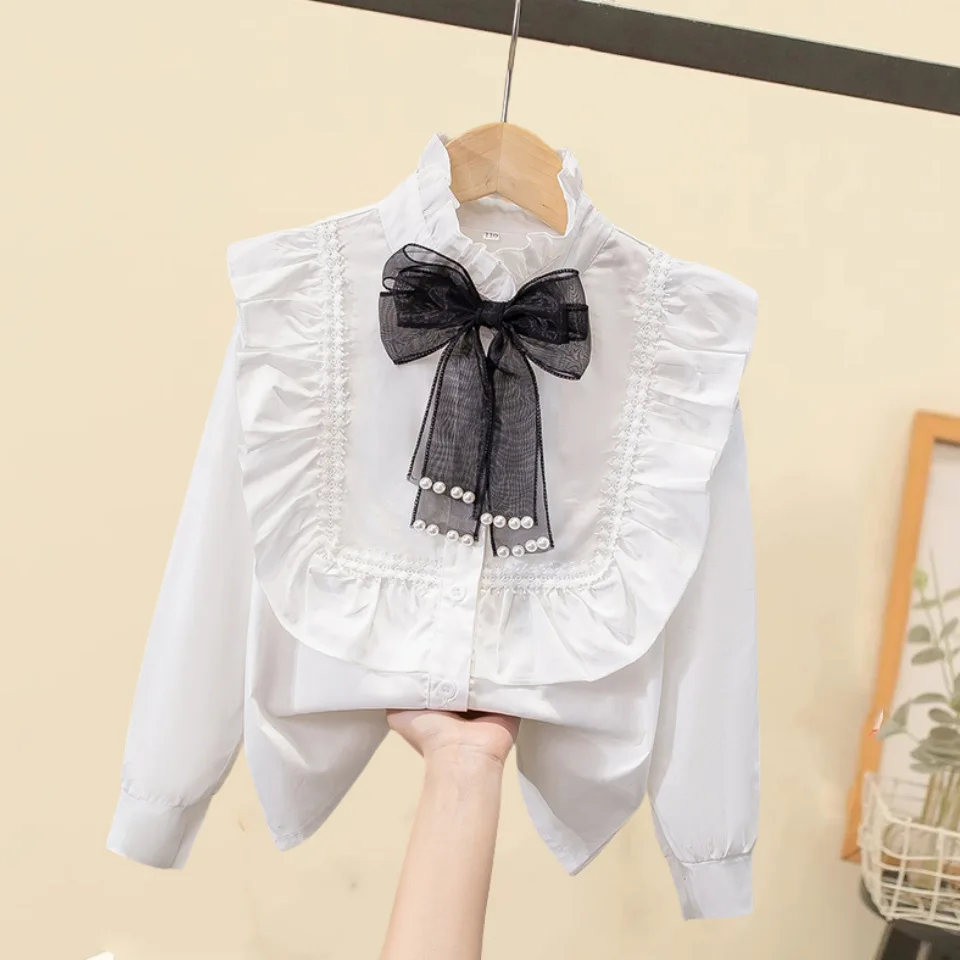 Children\'s Shirt White Long-sleeved Spring and Autumn School Uniforms Performance Clothes Lace Girls Student Clothes 2024 New