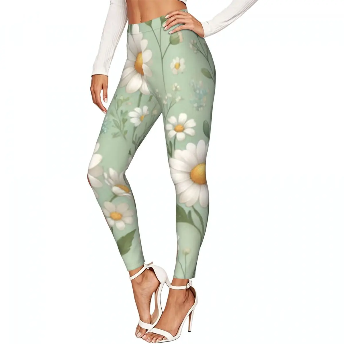 Women High Waist Elastic Leggings Daisy Dandy Print Slim Fit Stretchy Pants Casual Wear