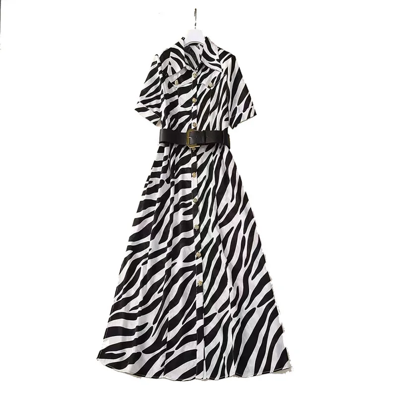 2025 New Summer Short Sleeve Turn-Down Collar Dress Button With Sashes Dress