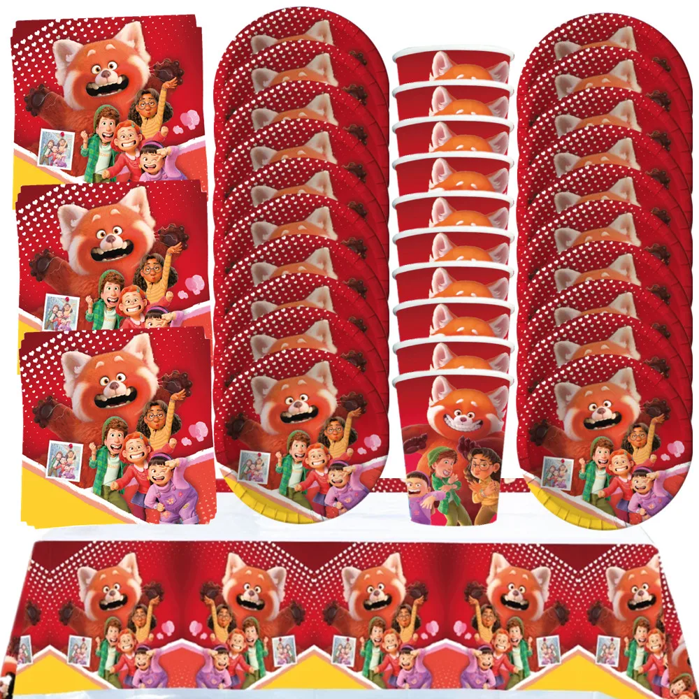 Disney Turning Red Disposable Tableware Set Paper Cups Plates Napkins Tablecloth Cartoon Baby Shower Party Decorations Supplies