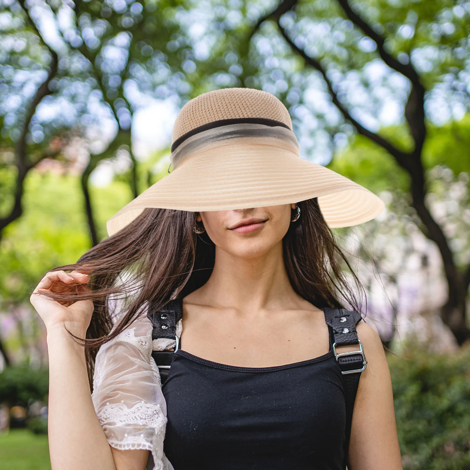 우아한 숙녀용 넓은 챙 모자 오간자 캡 꽃무늬 여름 해변 휴가 의상 베이지 56-58cm M