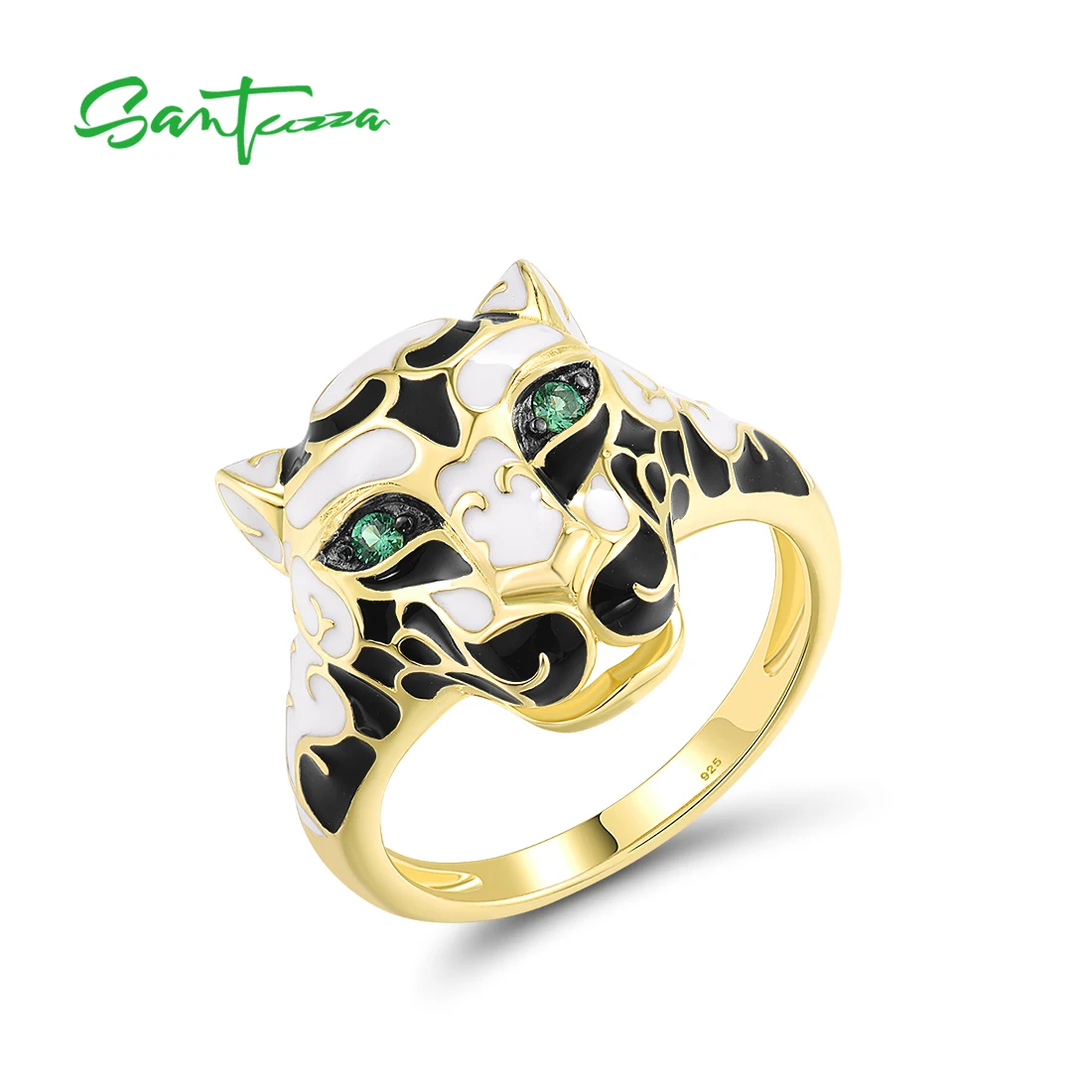 

SANTUZZA Real 925 Sterling Silver Black White Leopard Ring For Women Sparkling Green Spinel Safari Animal Fine Jewelry Enamel