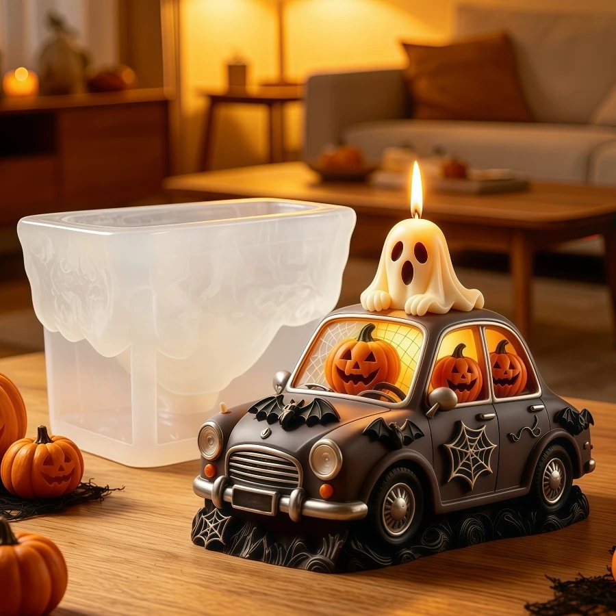 Moule en silicone pour bougies et résine/gypse, motifs citrouille d'Halloween, voiture champêtre en relief, citrouille, fantôme, voiture, cadeau d'Halloween