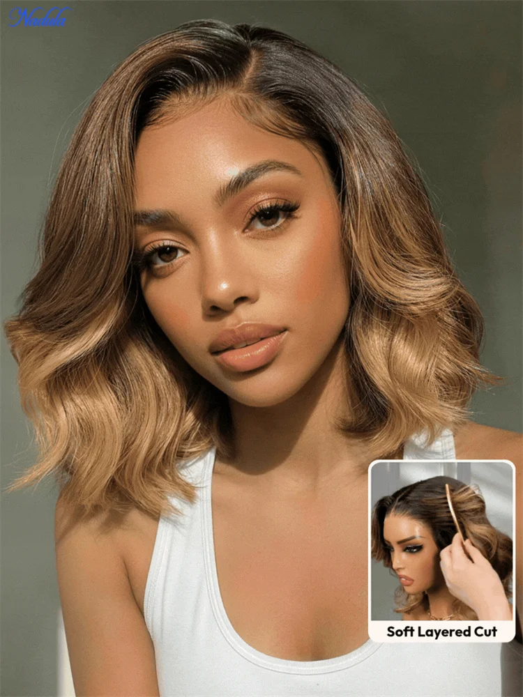 

Nadula 7x5 13x4 Pre-Everything™ Lace Frontal Glueless Wig Brown With Honey Blonde Wavy Bob Human Hair Wig with Drawstring