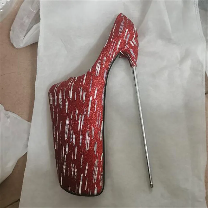 Crossdresser Fashion 30cm Metal Thin High Heels Female Pumps women wedding shoes Steel Pipe Dance RED Black Stilettos US14 15 16