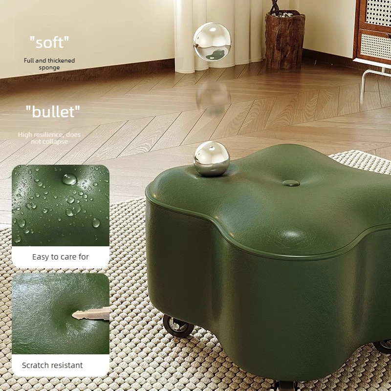 Household Solid Wood Universal Wheel Small Low Stool Silent Pulley Multi functional Leather Stool Coffee Table Rolling Bench
