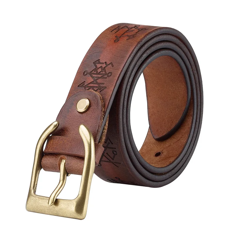 ヴィンテージレザートップレイヤー牛革ベルトメンズ銅バックルエンボス加工ステートメントメンズベルト