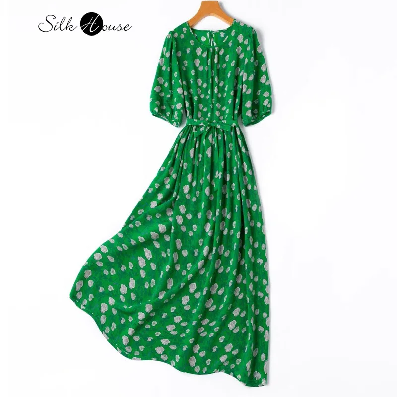 

Green Rose Holiday Style Art Sense 100% Natural Mulberry Silk Crepe De Chine Round Neck Half Bubble Sleeves Women's Casual Dress