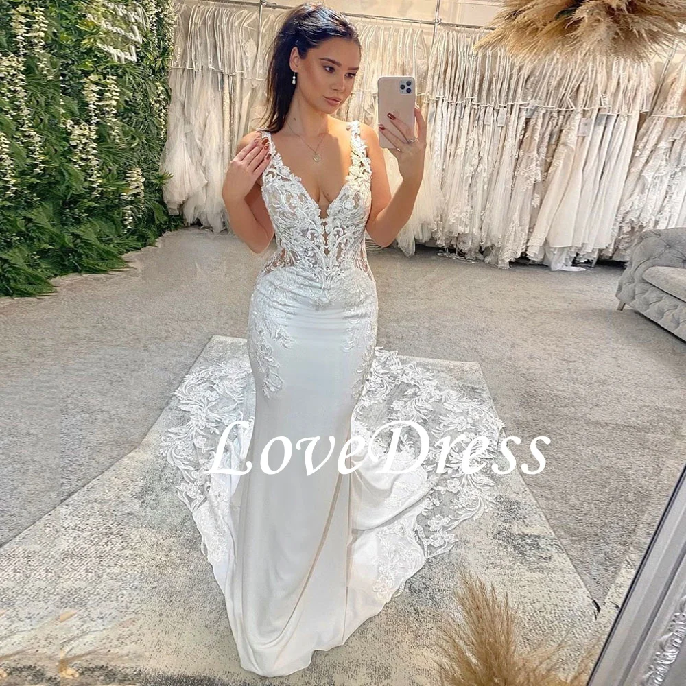 LoveDress Elegant V-Neck Mermaid Wedding Dresses Lace Appliques Backless Bridal Gowns Sweep Train Vestido De Mariee 2023