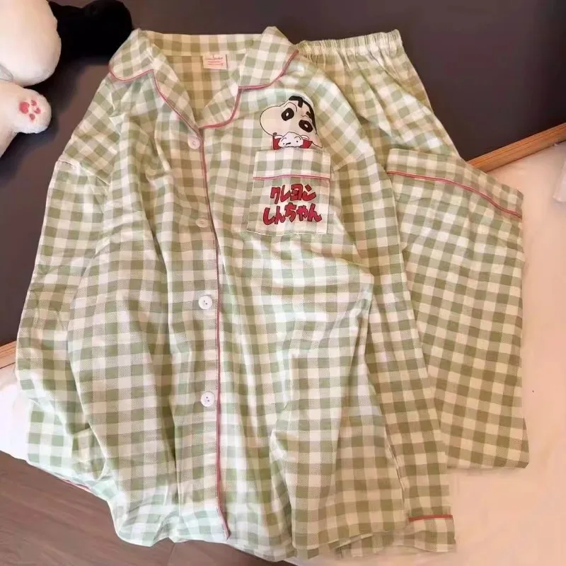 

Cartoon Crayon Shin-chan anime women pajamas Cute plaid print long sleeve pants Spring autumn can go out homewear set girl gift