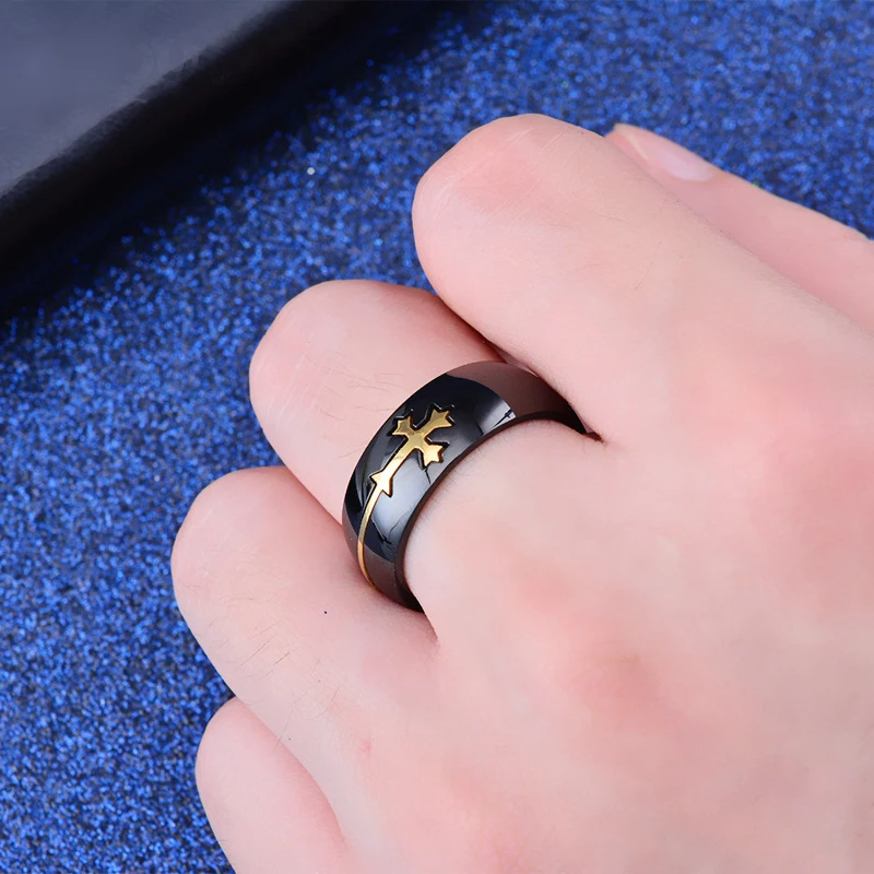 الذهب والفضة اللون الصليب الدائري للنساء الرجال وعاء من الستانليس ستيل الأسود خاتم رائع الذكور عادية سحر مجوهرات الزفاف الفرقة حلقة قابلة للفصل #4