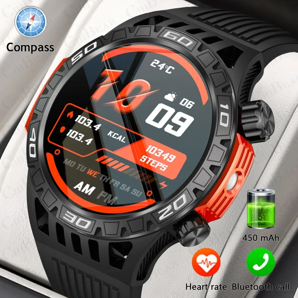 2024 novo relógio inteligente masculino bússola lanterna led freqüência cardíaca pressão arterial monitoramento de saúde relógios bluetooth chamada smartwatch