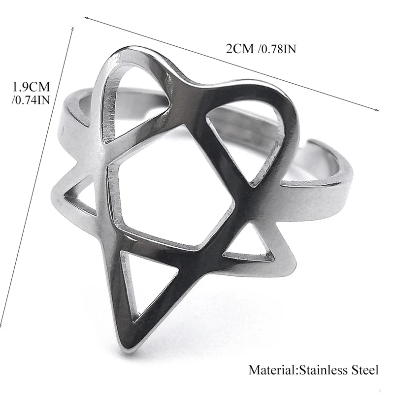 Rock Music Him Heartagram Rings for Men Women Stainless Steel Silver Color Star Heart Adjustable Ring Party Gift Jewelry R25S06