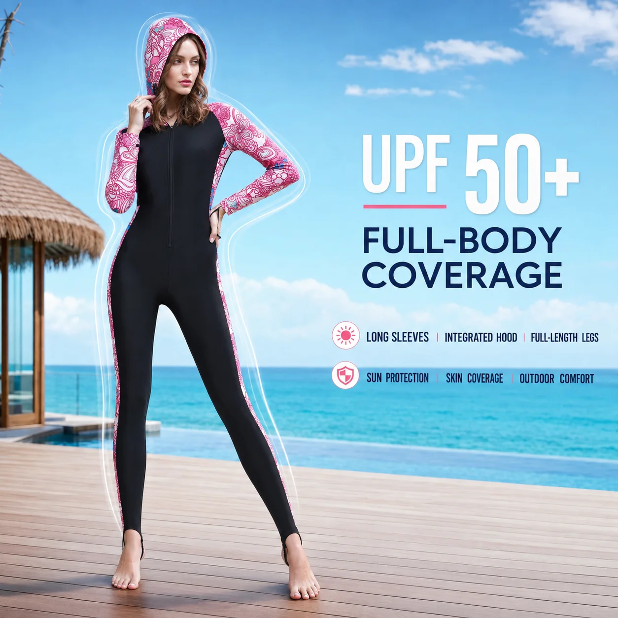 SBART Women UPF50+ Full Body Stinger Suit Hooded One Piece Rash Guard Long Sleeve Front Zip Dive Skin Surfing Snorkeling