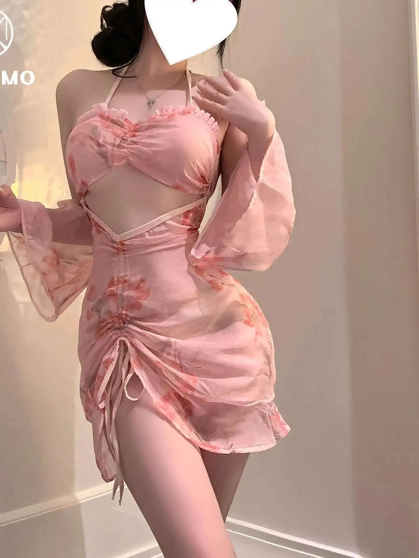 Sweet Flower Printed Sleepwear Dress Pure Desire Casual Style Backless Deep V Hanging Neck Sleeveless Pleated Dress Elegant LK54