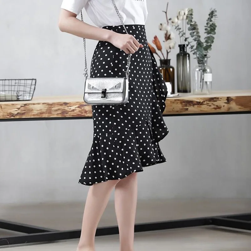 Elegant Ruffles Bandage Polka Dot Printed Mermaid Skirt 2022 Spring New Korean Fashion High Waist All-match Chiffon Midi Skirt